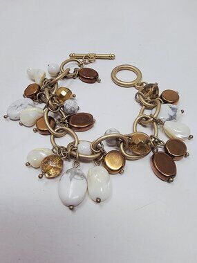 Vintage Mixed Media Charm Bracelet Gold Tone Mother of Pearl Stone Bracelet